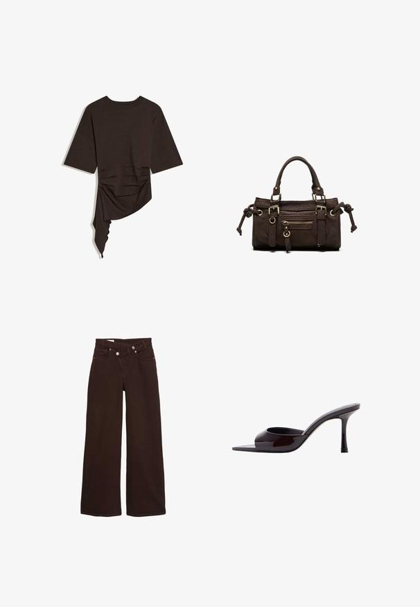 Haut à manches courtes de couleur marron foncé avec encolure ronde et ourlet drapé asymétrique sur un côté.; Jean taille haute, coupe large, couleur marron, avec fermeture éclair et bouton à l'avant, comprenant des poches avant et arrière.; Mule en cuir verni noir à bout ouvert avec un talon stiletto fin de hauteur moyenne et une bride supérieure basse.; Sac à main en cuir marron foncé avec double poignée, poche avant zippée, boucles décoratives et nœuds latéraux sur fond blanc.