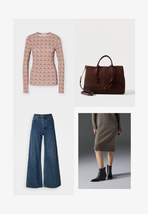 Langærmet tætsiddende top med rund halsudskæring, med et gentagende geometrisk mønster i brun, pink og lyseblå nuancer.; Bredde bukser i denim i mørkeblå, med høj talje, fem-lomme design og kontrasterende syninger. Klassisk, holdbart stof.; Sorte læder ankelstøvler med spidse tæer, en kraftig hæl og zigzag-stikningsdetaljer, parret med en ribbet, brun strik kjole.; Mørkebrun ruskindshåndtaske med dobbelt håndtag, aftagelig skulderrem, syninger og dekorative læderkvaster på hvid baggrund.