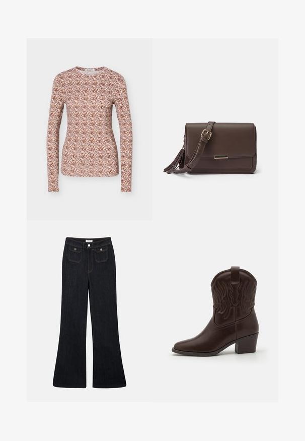 Langärmliges figurbetontes Top mit rundem Ausschnitt, mit einem sich wiederholenden geometrischen Muster in Braun-, Pink- und Hellblautönen.; Schwarze, ausgestellt geschnittene Jeans aus Denim mit hoher Taille, zwei Fronttaschen und orangefarbenen Nähten. Das Material wirkt robust und glatt.; Braune Leder-Cowboy-Stiefel mit spitzen Zehen, geprägten Flügelmotiven, einem mittelhohen Blockabsatz und einer Zuglasche auf der Rückseite.; Braune Schultertasche aus Kunstleder mit Klappenverschluss, goldfarbener Hardware und seitlichem Quasten-Detail. Verstellbarer Riemen für vielseitigen Tragekomfort.