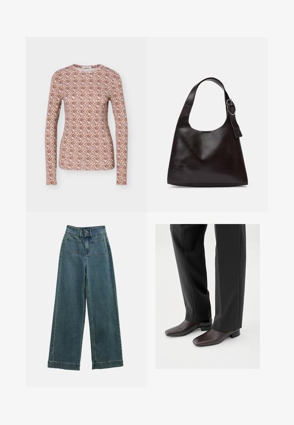 Top ajustado de manga larga con escote redondo, con un patrón geométrico repetitivo en tonos marrón, rosa y azul claro.; Pantalones de mezclilla de pierna ancha en azul desteñido, con una cintura alta, dos bolsillos frontales y un cierre clásico de botón. La tela tiene una textura suave y lisa.; Zapatos de cuero marrón oscuro con punta cuadrada y tacón bloque corto, usados con pantalones negros a medida, mostrando una apariencia elegante y pulida.; Bolso de hombro de cuero marrón con una textura suave, forma redondeada, asa ancha y un acento metálico circular en el mango.