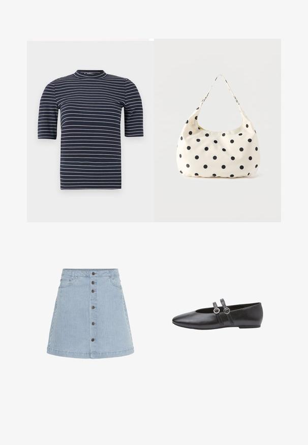 Mørkeblå kortærmet t-shirt med vandrette hvide striber, med en høj krave og en glat, tætsiddende tekstur.; Lysblå denimnederdel med hvide striber. Har knaplukning foran, to sidelommer og en udvidet kant.; Sorte læderballerinaer med spids tå, der har to remme med cirkulære spænder og en lav, flad sål. Glat tekstur over det hele.; Håndtaske i cremefarvet stof med sorte polkaprikker og en enkelt skulderrem, vist mod en ensfarvet hvid baggrund.