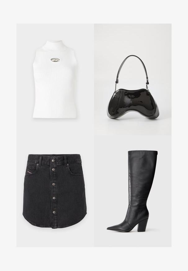 Haut sans manches blanc avec un col montant, texture côtelée et un accent logo métallique au centre. Tissu lisse, design ajusté.; Jupe en denim noire, courte, avec des boutons métalliques à l'avant, deux poches avant, passants de ceinture et ourlet arrondi.; Botte en cuir noire à hauteur de genou avec bout pointu et talon large, présentée en profil latéral gauche sur fond blanc.; Sac à main en cuir verni noir avec une forme incurvée unique, une anse courte et ajustable, et une fermeture zippée. Texture lisse avec un branding discret.