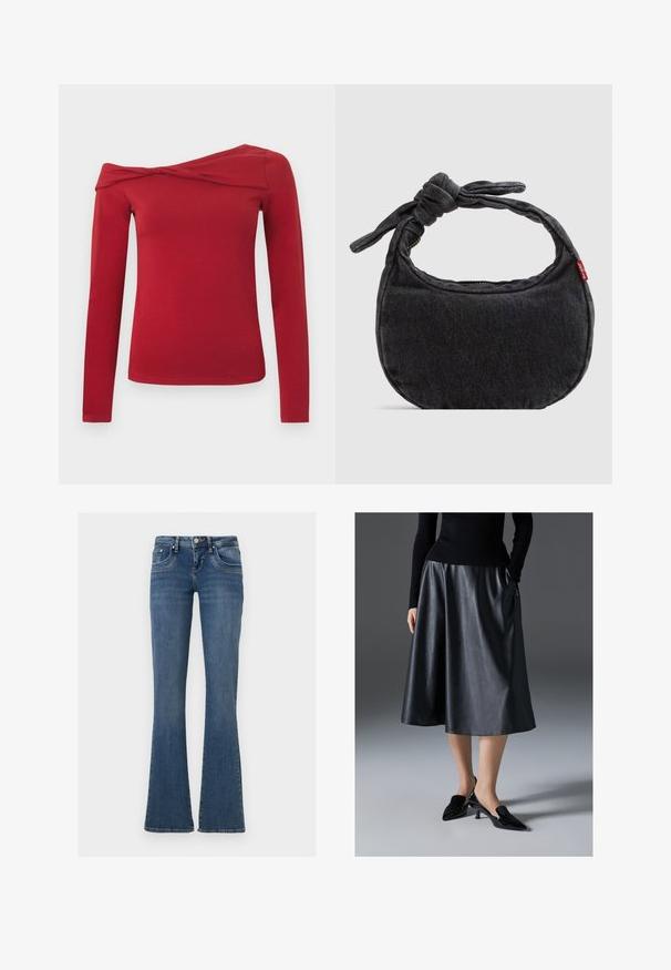 Rode top met lange mouwen en een asymmetrisch design waarbij een schouder vrij is. Gemaakt van een zachte, rekbare stof met een gladde textuur.; Blauwe denim spijkerbroek met een mid-rise taille, vijf zakken, knoop- en ritssluiting en uitlopende pijpen tegen een effen witte achtergrond.; Zwarte leren midi-jurk met een gladde textuur; heeft een tailleband en zijzakken. Gepaarde met glanzende zwarte hakken.; Kleine zwarte denim schoudertas met een gestrikte riem en ritssluiting, met een rood Levi's stoffen label aan de zijkant.