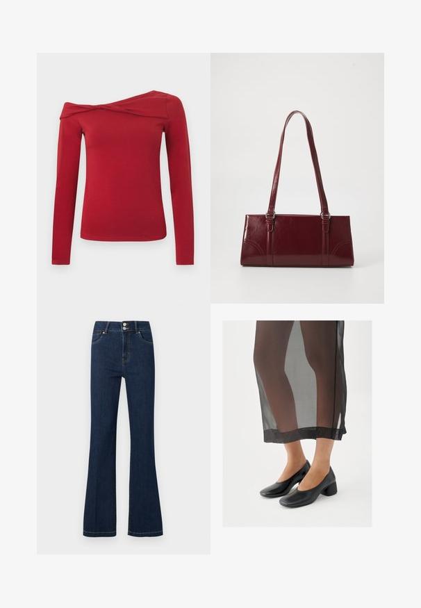 Haut rouge à manches longues avec un design asymétrique décolleté épaule. Confectionné dans un matériau doux et extensible avec une texture lisse.; Jean en denim bleu foncé avec taille haute, double bouton de fermeture, poches avant et jambes légèrement évasées.; Chaussures noires à talons blocs avec une finition en cuir lisse, portées avec une jupe noire transparente à ourlet net et design minimaliste.; Sac à main bordeaux en matériau brillant, de forme rectangulaire, avec deux anses et des accents légèrement courbés à l'avant.