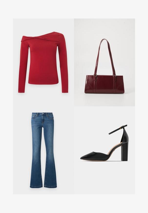 Langärmliges rotes Oberteil mit asymmetrischem, schulterfreiem Design. Hergestellt aus einem weichen, elastischen Material mit glatter Textur.; Blaue Jeans aus Denim mit hoher Taille, vorderem Knopf und Reißverschluss, Fünf-Taschen-Stil und ausgestellten Beinen vor einfarbigem Hintergrund.; Schwarzer Leder-Pumps mit Knöchelriemen, spitzem Zeh und quadratischem Blockabsatz. Glatte Textur mit minimalistischer Gestaltung.; Burgunderfarbene Handtasche aus glänzendem Material, rechteckige Form, mit zwei Schulterriemen und subtilen, geschwungenen Akzenten an der Vorderseite.