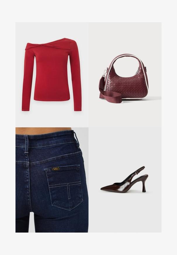 Pikad varrukad punane särk asümmeetrilise õlalt avatud disainiga. Valmistatud pehmest, venivast materjalist, millel on sile tekstuur.; Tumed sinised teksapüksid, millel on tavaline tagatasku. Omavad õmmeldud detaile ning väike kollane silt brändi "Lois" logoga.; Pruunid patendiga nahast slingback kontsad terava varbaga, õhukese kontsaga ja reguleeritava rihmaga, millel on väike hõbe kinnitussõlm.; Väike bordoopunutud nahkkäekott kumerate käepidemete, valgete äärte, hõbedase tõmblukuga ja eemaldatava laiast kangast õlarihmaga lihtsa taustaga.