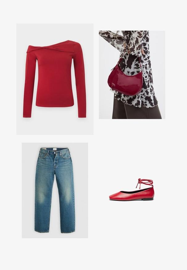 Langärmliges rotes Oberteil mit asymmetrischem, schulterfreiem Design. Hergestellt aus einem weichen, elastischen Material mit glatter Textur.; Levi's® 501® '90S ANKLE - Jeans Straight Leg - blank slate; Rote Leder-Ballettschuhe mit eckiger Zehenpartie und einer gewickelten Knöchelriemen-Detail. Glatte Textur und ein kleiner schwarzer Absatz.; Frau trägt eine schwarz-weiß gemusterte Bluse und hält eine glänzende rote Schultertasche vor einem einfarbigen Hintergrund.