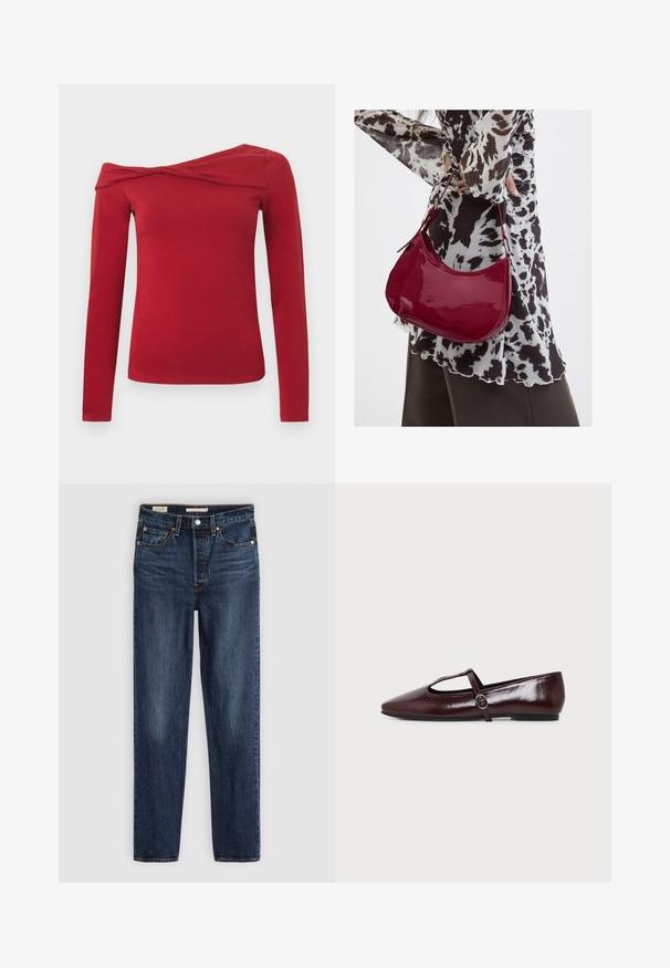 Langärmliges rotes Oberteil mit asymmetrischem, schulterfreiem Design. Hergestellt aus einem weichen, elastischen Material mit glatter Textur.; Dunkelblaue gerade geschnittene Jeans mit fünf Taschen, Knopf- und Reißverschluss und kontrastierenden Nähten.; Dunkelburgunderfarbener flacher Lederschuh mit spitzer Spitze und einem dünnen T-Riemen mit silberner Schnalle auf weißem Hintergrund.; Frau trägt eine schwarz-weiß gemusterte Bluse und hält eine glänzende rote Schultertasche vor einem einfarbigen Hintergrund.