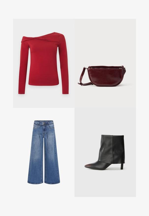 Langärmliges rotes Oberteil mit asymmetrischem, schulterfreiem Design. Hergestellt aus einem weichen, elastischen Material mit glatter Textur.; My Essential Wardrobe MWKARO 144 MID XWIDE - Wide Leg - medium blue wash; Schwarzer Knöchelstiefel aus glattem Leder mit spitzer Zehenpartie und schmalem Absatz. Das Obermaterial zeichnet sich durch ein leicht gerafftes Design aus.; Dunkelroter Lederhandtasche in halbmondförmiger Form mit Reißverschluss und abnehmbarem Tragegurt. Glatte Textur mit dezentem Glanz.