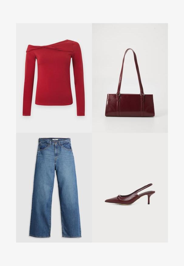 Top rojo de manga larga con un diseño asimétrico de hombros descubiertos. Hecho de un material suave y elástico con una textura lisa.; Jeans de mezclilla azul de pierna ancha con cintura alta, que cuentan con cinco bolsillos, costuras en contraste y cierre de cremallera.; Zapato slingback burdeos de piel con tacón kitten, punta puntiaguda y pequeño detalle de lazo en la parte superior, mostrado sobre fondo blanco.; Bolso burdeos hecho de material brillante, de forma rectangular, con dos asas para el hombro y sutiles acentos curvados en la parte frontal.