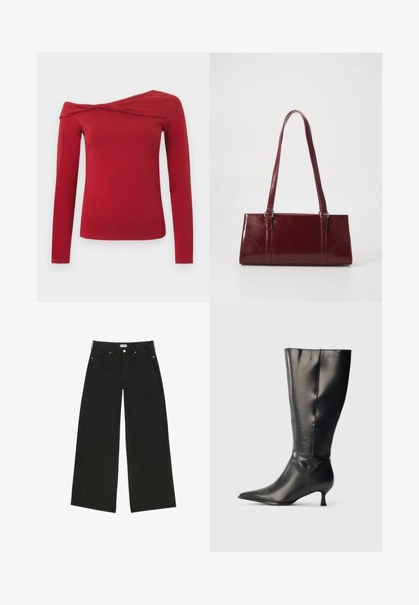 Langärmliges rotes Oberteil mit asymmetrischem, schulterfreiem Design. Hergestellt aus einem weichen, elastischen Material mit glatter Textur.; Schwarze weit geschnittene Jeans aus Denim, mit hoher Taille, Vordertaschen und kontrastierendem goldfarbenem Zubehör. Sauberer, gerader Schnitt.; Schwarzer kniehoher Lederstiefel mit spitzer Zehenpartie und niedrigem Kittenabsatz, präsentiert vor einem schlichten hellen Hintergrund.; Burgunderfarbene Handtasche aus glänzendem Material, rechteckige Form, mit zwei Schulterriemen und subtilen, geschwungenen Akzenten an der Vorderseite.