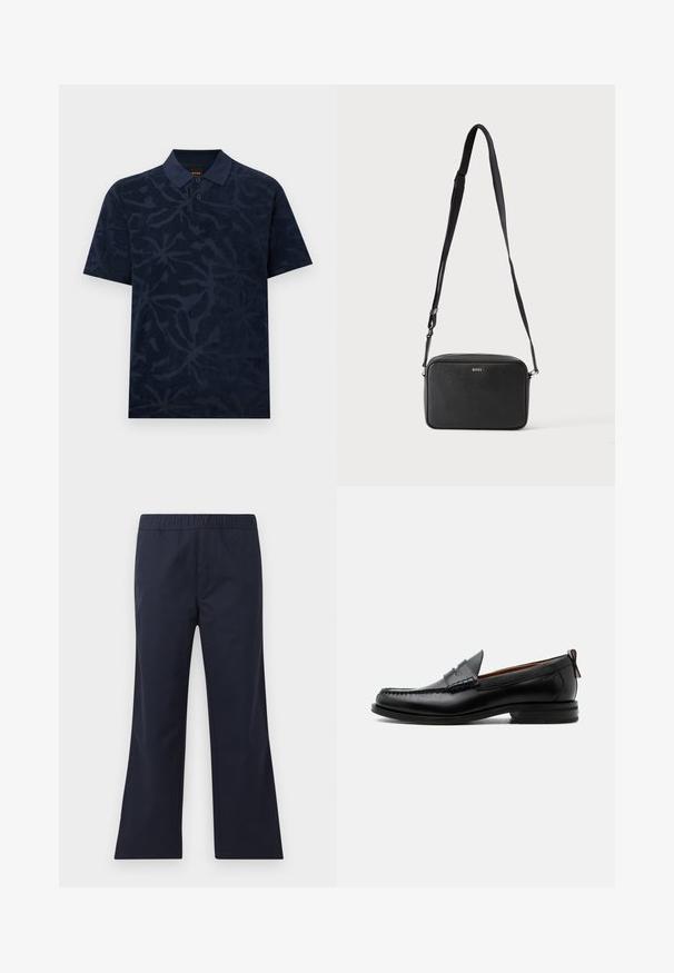 Marineblaues Polohemd mit kurzen Ärmeln, dezentem Blumenmuster, Zwei-Knopf-Leiste und klassischem Kragen.; Marineblaue, schmal geschnittene Hose aus glattem Material. Mit einem elastischen Bund und seitlichen Taschen. Klare Linien und minimalistisches Design.; Schwarzer Leder-Herrenschuh mit Mokassinnaht, Penny-Riemen, strukturiertem Kragen und niedrigem gestapeltem Absatz auf weißem Hintergrund.; Schwarze rechteckige Umhängetasche mit verstellbarem Riemen und BOSS-Logo auf der Vorderseite, vor einem einfarbigen hellen Hintergrund.