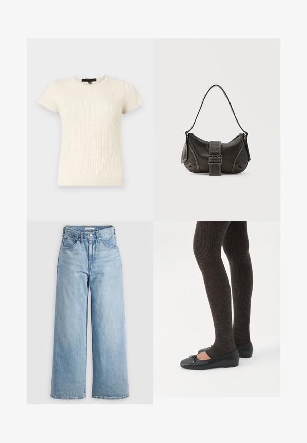 Haut en tricot crème à manches courtes avec texture côtelée et petit motif de points perforés, encolure ronde et silhouette ajustée.; Jeans larges bleu clair à taille haute, fabriqués en denim. Ils possèdent un design classique à cinq poches et des accessoires en métal.; Jambes portant des leggings côtelés foncés associés à des ballerines noires avec de petits détails en nœud sur fond blanc.; Sac à épaule en cuir noir avec une sangle à boucle, des bords arrondis et des coutures blanches contrastées sur un fond uni.
