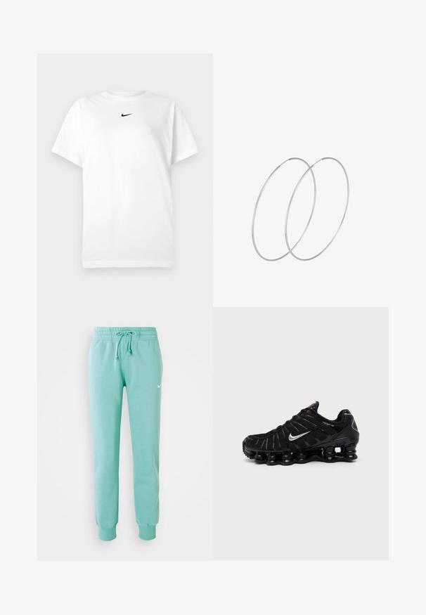 Biele tričko s krátkym rukávom a okrúhlym výstrihom, na ktorom je malé čierne logo Nike swoosh umiestnené tesne pod výstrihom.; Mentolové tepláky s elastickým pásom, šnúrkou na stiahnutie a rebrovanými manžetami. Na ľavom stehne sa nachádza malé biele logo Nike.; Čierna Nike športová obuv so strieborným logom Swoosh, sieťovinovým a syntetickým zvrškom a výraznou segmentovanou podrážkou s poduškami.; Strieborné kruhové náušnice s minimalistickým dizajnom. Cirkulárny tvar, hladký povrch a tenký profil. Ľahké s lesklým povrchom.