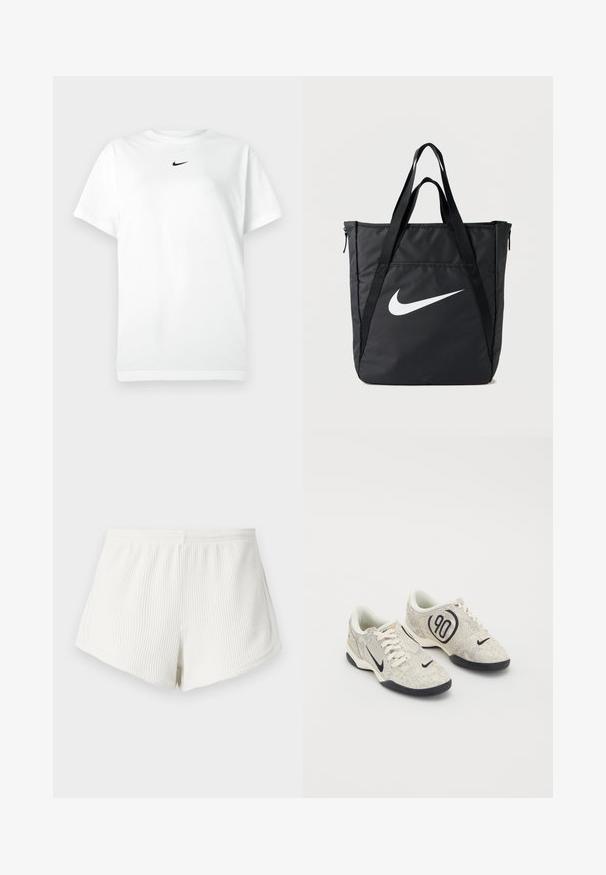 T-shirt blanc à manches courtes avec col ras du cou, portant un petit logo Nike en forme de swoosh noir centré sous le col.; Shorts en tissu côtelé blanc avec une taille élastique, présentant une coupe décontractée et un ourlet incurvé. Détail de couture arrière visible.; Baskets Nike avec une tige texturée beige et grise, des accents noirs, un grand logo "90" et un laçage blanc. Semelle noire.; Sac fourre-tout en nylon noir avec deux bretelles, doté d'un grand logo blanc Nike, fermeture éclair, et un design rectangulaire élégant.