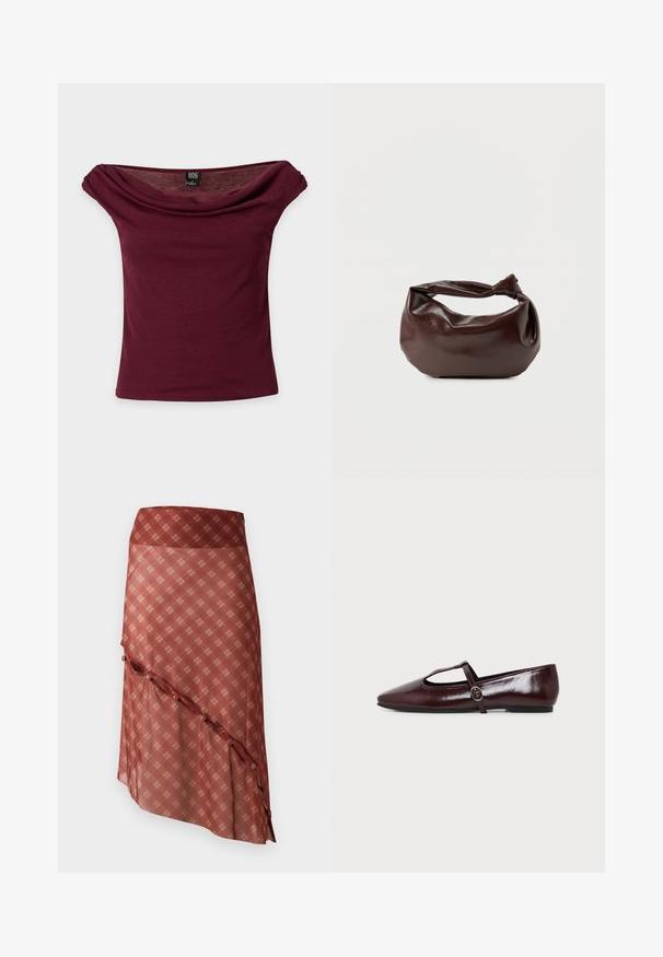Μπορντό τοπ off-shoulder με κοντά μανίκια, ντραπαρισμένο ντεκολτέ και ετικέτα της μάρκας BDG σε απλό φόντο.; Κόκκινη φούστα με διαγώνια τελειώματα, διακοσμημένη με καρό σχέδιο σε πιο ανοιχτές αποχρώσεις, με λεπτομέρειες από κουμπιά κατά μήκος της άκρης.; Σκούρο δερμάτινο παπούτσι μπαλαρίνα σε μπορντό χρώμα, με μυτερή μύτη και λεπτό T-λουράκι με ασημένια αγκράφα σε λευκό φόντο.; Σκούρα καφέ δερμάτινη τσάντα ώμου με μαλακό, χαλαρό σχήμα και λαβή με στριμμένο κόμπο σε απλό λευκό φόντο.