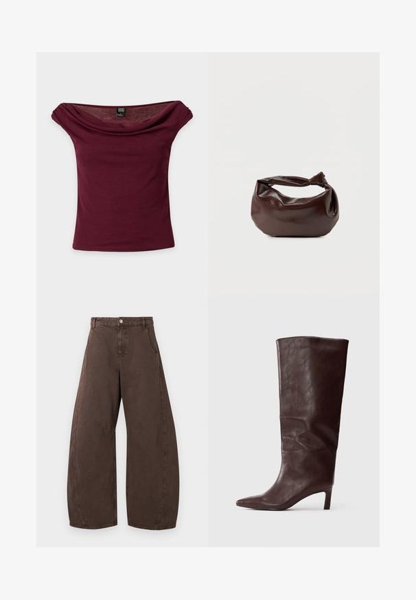 Bourgogne off-shoulder top med korte ærmer, draperet halsudskæring og BDG mærke på ensfarvet baggrund.; Brune vidde bukser med høj talje, forreste knap- og lynlåslukning og sidelommer, vist fladt på hvid baggrund.; Høj, mørkebrun læderstøvle med spids tå og slank medium hæl på en ensfarvet hvid baggrund.; Mørkebrun læder skuldertaske med en blød, afslappet form og et snoet knudehåndtag på en ensartet hvid baggrund.