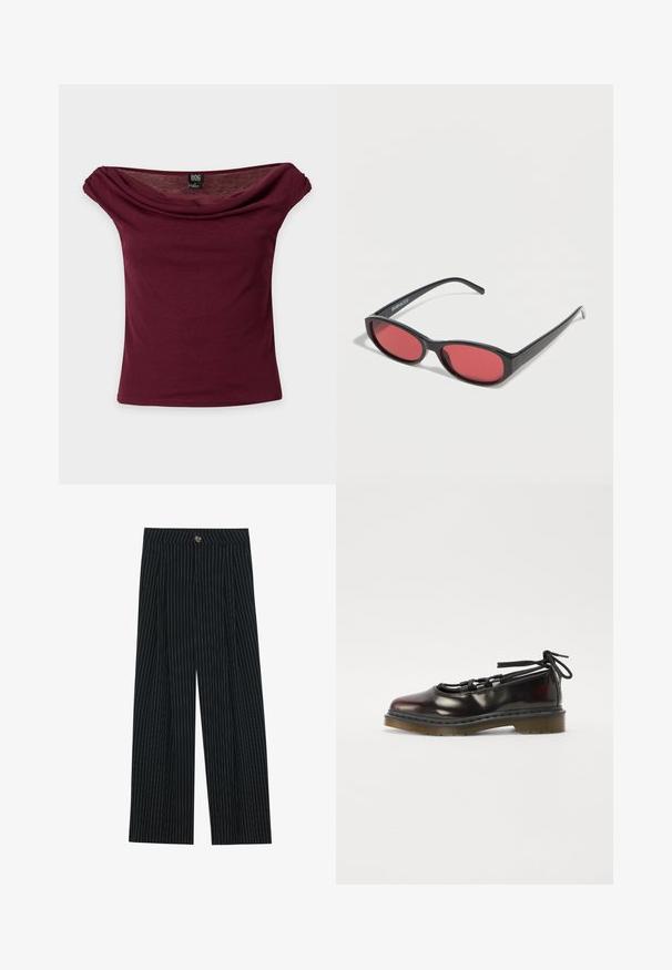 Haut bordeaux épaules dénudées à manches courtes avec encolure drapée et étiquette de marque BDG sur fond uni.; Pantalons large à rayures noires en tissu texturé, dotés d'une fermeture à bouton sur le devant et d'un design plissé pour un intérêt supplémentaire.; Chaussure rouge foncé brillante avec un bout rond, un design à lacets, une semelle en caoutchouc et des lacets noirs, dotée de quincaillerie argentée et de bords cousus.; Lunettes de soleil ovales noires avec des branches fines et des verres teintés rouges posées sur une surface blanche.