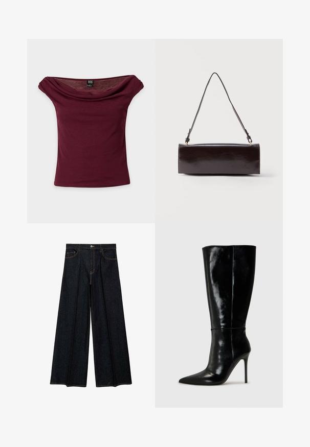 Bordeauxkleurige off-shoulder top met korte mouwen, gedrapeerde halslijn en BDG-merkenlabel op een effen achtergrond.; Wijde jeans in donkere denim, met een hoge taille, zijzakken en contrasterende stiksels. Soepele textuur met een verzorgde afwerking.; Zwarte leren kniehoge laarzen met een spitse neus en hoge stiletto hak. Soepele textuur en strak ontwerp, met minimale detailing.; Rechthoekige zwarte leren handtas met een enkele lange schouderband en een glanzende afwerking, weergegeven tegen een effen witte achtergrond.
