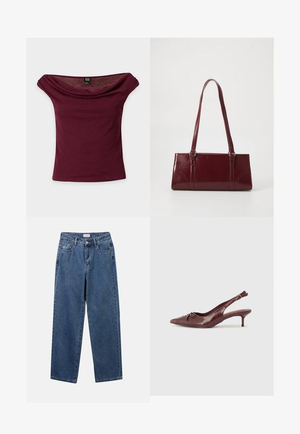 Bordeauxkleurige off-shoulder top met korte mouwen, gedrapeerde halslijn en BDG-merkenlabel op een effen achtergrond.; Klassieke blauwe denim jeans met een rechte pijp, vijf zakken en een knoopsluiting. Heeft een middelgrote wasbeurt en stevige textuur.; Bordeaux leren slingback hak met een spitse neus, verstelbare band en decoratieve strikdetails aan de voorkant. Hakhoogte van 7,5 cm.; Bourgondische handtas van glanzend materiaal, rechthoekige vorm, met twee schouderbanden en subtiele gebogen accenten aan de voorkant.