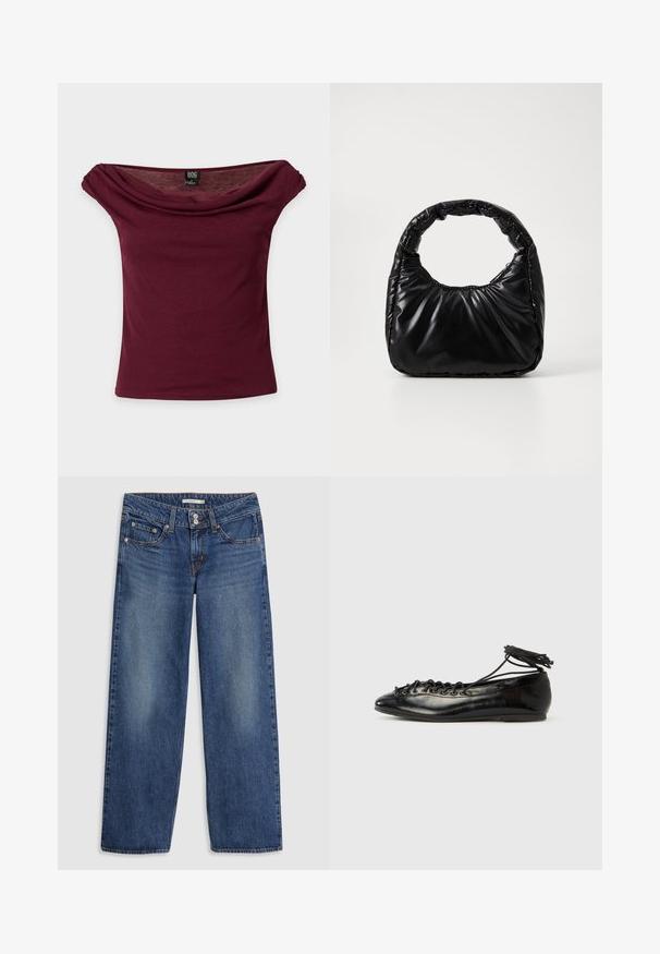 Bourgogne off-shoulder top med korte ærmer, draperet halsudskæring og BDG mærke på ensfarvet baggrund.; Blå denim bredbenede jeans med knaplukning, fem lomme-design, let falming på lårene og syningsdetaljer på sømmene.; Sorte balletflade sko i laklæder med rundet tå, snørelukning og flad sål. Glat tekstur med få detaljer.; Sort polstret håndtaske med et rundt håndtag, der har en glat, skinnende overflade og en blød, kviltet tekstur. Ingen synlige hardware eller accenter.