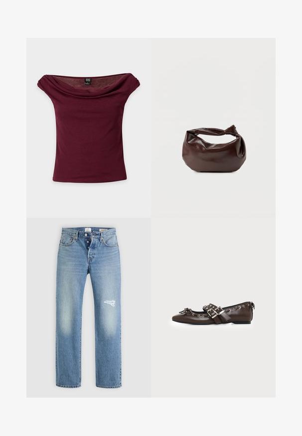 Haut bordeaux épaules dénudées à manches courtes avec encolure drapée et étiquette de marque BDG sur fond uni.; Jean en denim bleu clair avec une coupe décontractée, présentant un patch déchiré sur la cuisse droite, cinq poches et une fermeture à bouton en métal.; Chaussure plate en cuir marron foncé avec bout pointu, doubles brides à boucles argentées, œillets métalliques et nœud décoratif à l'avant.; Sac bandoulière en cuir marron foncé avec une forme souple et décontractée et une anse nouée torsadée sur un fond blanc uni.