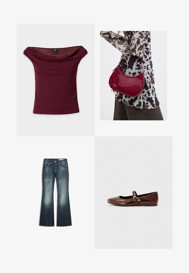 Burgunderrotes Off-Shoulder-Top mit kurzen Ärmeln, drapiertem Ausschnitt und BDG Markenetikett auf einfarbigem Hintergrund.; Dunkelblaue Bootcut-Jeans mit verwaschenen Bereichen an Oberschenkeln und Knien, Fünf-Taschen-Design und Metall-Knopfleiste.; Braune Lackleder-Ballerinas mit quadratischer Zehenform und Riemen mit einer kleinen goldenen Schnalle. Glatte Textur, niedriger Absatz und minimalistisches Design.; Frau trägt eine schwarz-weiß gemusterte Bluse und hält eine glänzende rote Schultertasche vor einem einfarbigen Hintergrund.