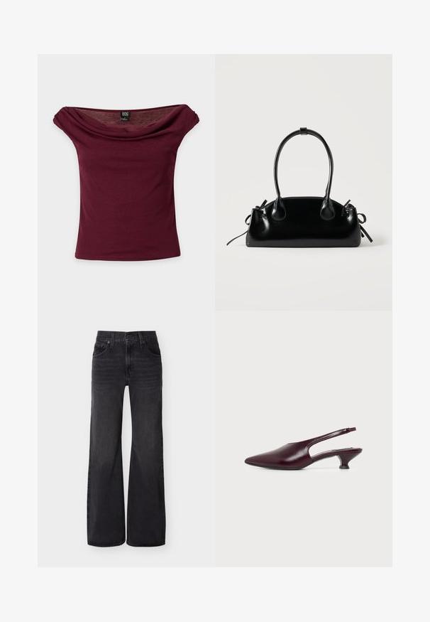 Haut bordeaux épaules dénudées à manches courtes avec encolure drapée et étiquette de marque BDG sur fond uni.; Jean noir taille haute à jambes larges avec bouton avant, fermeture éclair, passants de ceinture et style cinq poches sur un fond uni.; Chaussure slingback femme en cuir bordeaux foncé avec bout pointu et talon bas incurvé, vue latérale sur fond blanc.; Petit sac à main noir brillant avec deux longues anses et des détails à cordon sur les côtés sur un fond clair uni.