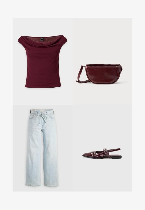 Bourgogne off-shoulder top med korte ærmer, draperet halsudskæring og BDG mærke på ensfarvet baggrund.; Lysblå vide jeans med bindebånd fortil, klassisk fem-lomme design og subtile falmede detaljer ved benene. Denim materiale.; Bordeaux patentlæder slingback flad sandal med spids tå, der har dekorerede remme med metalliske detaljer.; Vinrød læderhåndtaske med halvmåneform, lynlås og aftagelig rem. Glat tekstur med en subtil glans.