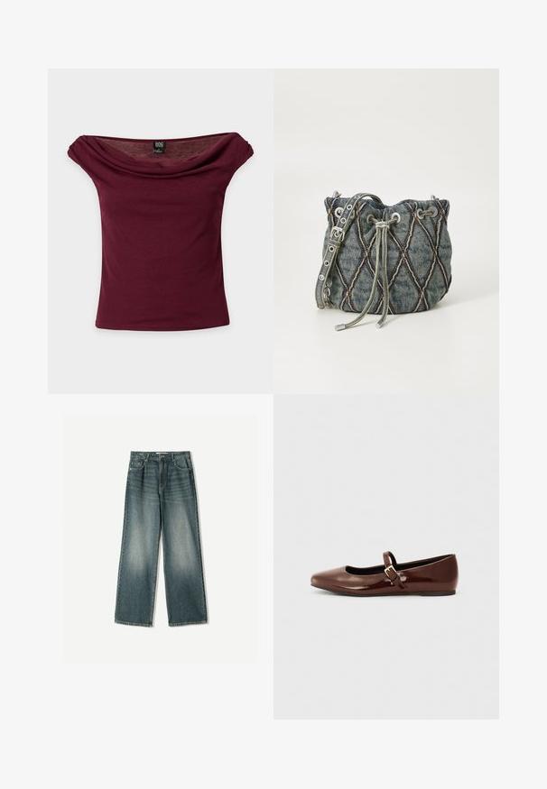 Bourgogne off-shoulder top med korte ærmer, draperet halsudskæring og BDG mærke på ensfarvet baggrund.; Bredde ben denim jeans i falmet blå vask, med fem lommer, knaplukning og subtile slidser foran.; Brun patentlæder balletflade med firkantet tå og strop med en lille guldbuckle. Glat tekstur, lav hæl og minimalistisk design.; Denim spandabeltaske med diamant quiltet mønster, grå snøring, sølv hardware detaljer og blød tekstur, med en aftagelig rem.