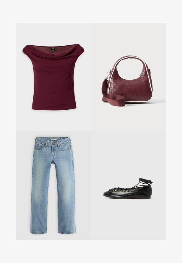 Burgunderrotes Off-Shoulder-Top mit kurzen Ärmeln, drapiertem Ausschnitt und BDG Markenetikett auf einfarbigem Hintergrund.; Hellblaue gerade geschnittene Jeans aus Denim, mit Knopfverschluss, fünf Taschen und subtiler Ausbleichung entlang der Beine.; Schwarze Ballerinas aus Lackleder mit runder Spitze, Schnürdesign und flacher Sohle. Glatte Textur mit minimaler Verzierung.; Dunkelrote gewebte Ledertasche mit gebogenem Griff, weißem Besatz, silbernem Reißverschluss und abnehmbarem breitem Stoff-Schulterriemen vor einfarbigem Hintergrund.