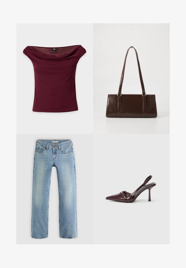 Burgunderrotes Off-Shoulder-Top mit kurzen Ärmeln, drapiertem Ausschnitt und BDG Markenetikett auf einfarbigem Hintergrund.; Hellblaue gerade geschnittene Jeans aus Denim, mit Knopfverschluss, fünf Taschen und subtiler Ausbleichung entlang der Beine.; Bordeauxroter Slingback-Pumps aus Lackleder mit spitz zulaufender Vorderkappe, dünnem Knöchelriemen und kleiner dekorativer Schnalle. Glatte Textur und hoher Absatz.; Braune Lackleder-Handtasche in rechteckiger Form, mit zwei langen Griffen und subtilen, geschwungenen Akzenten auf der Vorderseite.