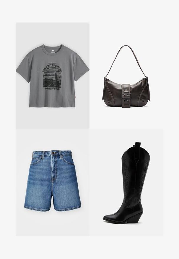 T-shirt gris Levi's avec un imprimé noir représentant un paysage désertique, un cactus, un contour d'étoile, et les textes "The Wild West Tour" et "Wear It Loud" à l'avant.; Shorts en denim de couleur bleu clair avec une coupe classique, présentant des poches avant, un zip et des détails de couture au niveau de l'ourlet.; Botte de cowboy en cuir noir avec bout pointu, talon bloc incliné, couture décorative et languettes en haut sur fond blanc.; Sac à épaule en cuir marron avec une forme courbée, présentant un détail de boucle proéminent, des coutures contrastantes et une seule bandoulière.