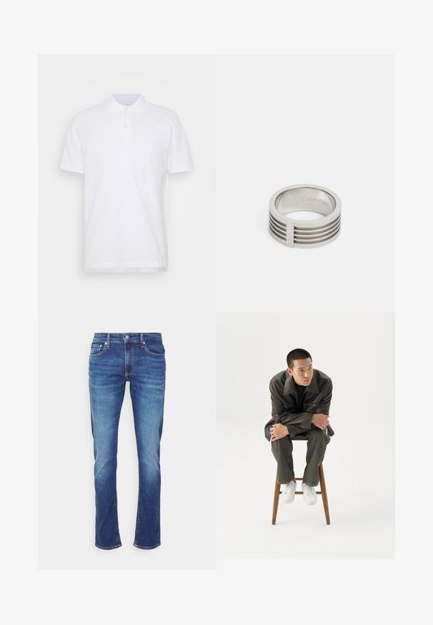Weißes Poloshirt mit klassischem Kragen, Dreiknopfleiste und kurzen Ärmeln. Aus glattem Baumwollstoff mit schlichter Optik hergestellt.; Blaue Denim-Jeans mit ausgewaschenen Effekten, Frontknopf- und Reißverschluss sowie Fünf-Taschen-Design vor weißem Hintergrund.; Junger Mann in dunkler Lederjacke und Jeans sitzt auf einem Holzstuhl, lehnt sich mit verschränkten Armen nach vorne und schaut seitlich vor weißem Hintergrund.; Ehering aus Edelstahl mit glatter Oberfläche, horizontalen Rillen und einem kleinen integrierten Akzent. Eingravierter Markenname innen.