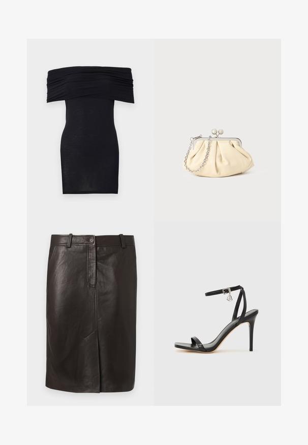 Robe noire épaules dénudées avec des détails froncés au niveau de la poitrine, coupe moulante, et texture de tissu lisse et léger.; Jupe crayon en cuir noire longueur genou avec fente devant, ceinture, passants de ceinture et fermeture par bouton.; Sandale à talon haut noire avec une bride étroite à la cheville, bout carré, cuir lisse et accent de boucle métallique.; Pochette en cuir beige plissé avec un cadre en métal argenté, dotée de deux fermoirs ronds décoratifs et d'une chaîne en argent.