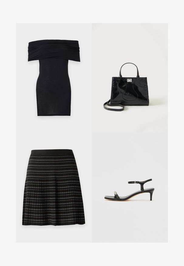 Sort off-the-shoulder kjole med rynket detalje ved brystet, bodycon pasform og en glat, let stoftekstur.; Sort plisseret nederdel med en glat talje, der har subtile kontrasterende vandrette striber i sølv og hvid på stoffet.; Sort læder sandal med hæl og ankelrem, åben tå, firkantet front og sølvfarvede metalaccenter. Figurformet design med en slank profil.; Sort håndtaske i laklæder med afrundede håndtag, aftagelig skulderrem og sølvspænde på ensartet hvid baggrund.