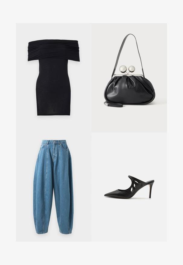 Sort off-the-shoulder kjole med rynket detalje ved brystet, bodycon pasform og en glat, let stoftekstur.; Højtsiddende, løstsiddende blå denim jeans med folder, forlommer, bæltesløjfer og knap- og lynlåslukning.; Sorte læder højhælede mules med spids tå, udskåret sideskærm og glat tekstur. Stiletthæl og subtil syning.; Sort læderhåndtaske med opsamlet design, en enkelt rem, sølv metalramme og to store runde sølv lukninger.