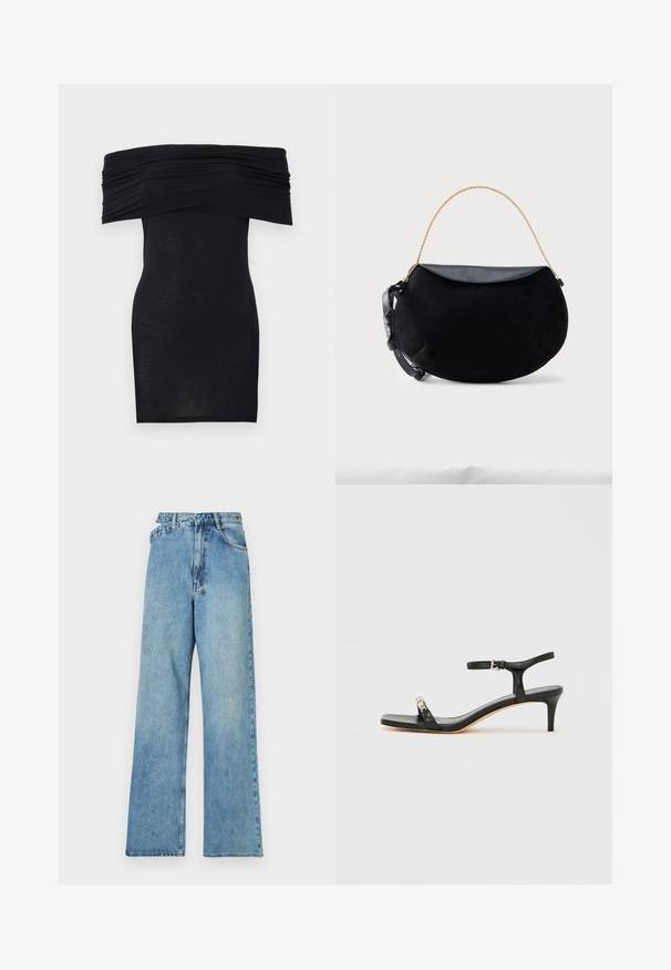 Zwarte off-shoulder jurk met gerimpelde details bij de buste, bodycon pasvorm en een gladde, lichtgewicht stoftextuur.; Lichtblauwe denim wijde broek met een middelhoge taille, vijf zakken en een knoopsluiting met metalen hardware en een vervaagde afwerking.; Zwarte leren sandaal met hak, enkelbandje, open neus, vierkante voorkant en zilverkleurige accenten. Gesloten ontwerp met een slank profiel.; Zwart handtas in halve maanvorm met glad leren klep, gouden kettinghandvat en verstelbare zwarte leren riem, geplaatst op een witte achtergrond.