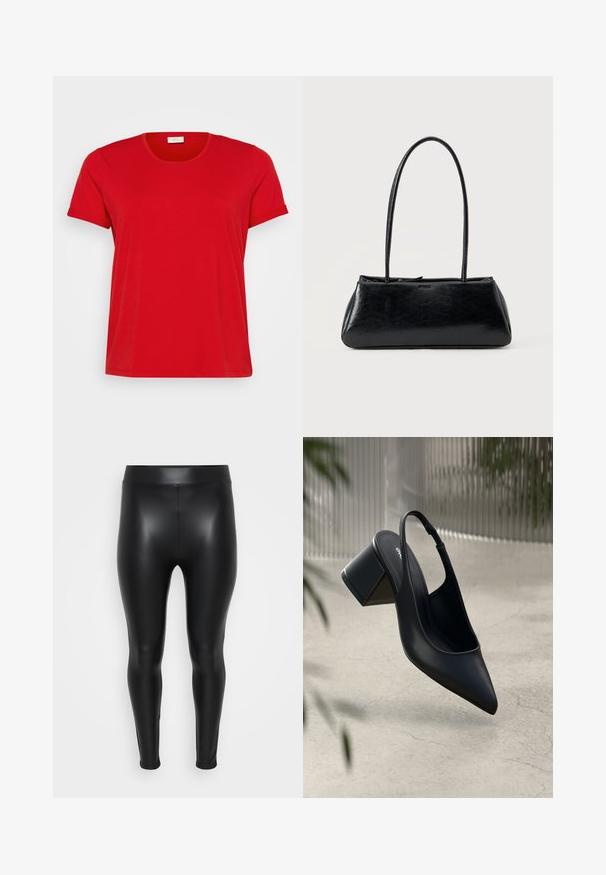 Rode T-shirt met korte mouwen en een ronde halslijn, gemaakt van een zacht katoenmix stof, met een relaxte pasvorm en een gladde textuur.; Zwarte leggings van een glad, glanzend materiaal. Hoge tailleband, strakke pasvorm en geen zichtbare naden of patronen.; Zwarte leren slingback hak met een spitse neus en een blokhak. Glad oppervlak, minimalistisch ontwerp en verstelbare enkelband.; Zwarte rechthoekige schoudertas met lange dunne banden en een gladde, glanzende textuur op een effen achtergrond.