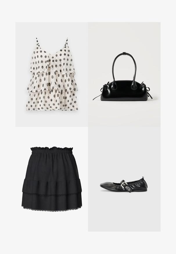 Blouse sans manches blanche à couches avec des pois noirs et des fines bretelles sur un fond uni.; Mini-jupe noire avec taille élastique froncée, volants superposés et bordure en dentelle sur l’ourlet, présentée sur fond blanc.; Chaussure plate en cuir noir avec un nez pointu, des détails froncés autour de l'ouverture et un accent en boucle argentée sur la bride ajustable.; Petit sac à main noir brillant avec deux longues anses et des détails à cordon sur les côtés sur un fond clair uni.