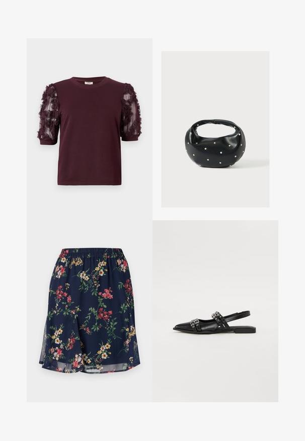 T-shirt bordeaux à manches courtes en tissu doux, avec des manches en tulle ornées de volants floraux texturés.; Jupe florale avec une taille élastique, présentant un fond marine orné de motifs floraux rouges, jaunes et verts. Tissu léger.; Even&Odd by Zalando Ballerines à brides arrière - black; Sac à main en cuir noir de forme arrondie, décoré de clous argentés et équipé d'une poignée courte. Texture lisse et fermeture éclair.