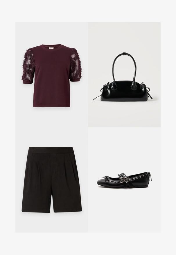 T-shirt bordeaux à manches courtes en tissu doux, avec des manches en tulle ornées de volants floraux texturés.; Shorts noirs en tissu doux, avec une texture lisse, une taille élastique et un design à plis à l'avant. Simples et sans ornements.; Chaussure de ballet plate noire avec doubles brides à boucle, œillets argentés et petit nœud près de l’orteil arrondi sur fond blanc.; Petit sac à main noir brillant avec deux longues anses et des détails à cordon sur les côtés sur un fond clair uni.