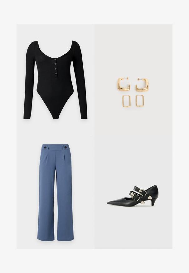 Body noir à manches longues en matière côtelée, avec un col arrondi et cinq boutons-pression métalliques à l'avant.; Pantalons larges bleus en tissu lisse, avec une taille plate, deux plis et deux boutons noirs à la taille.; Replay CECILE DOUBLE - Escarpins - black; Deux paires de Boucles d'oreilles créoles géométriques dorées sur une surface blanche unie, une paire carrée et pleine, une paire rectangulaire et creuse.