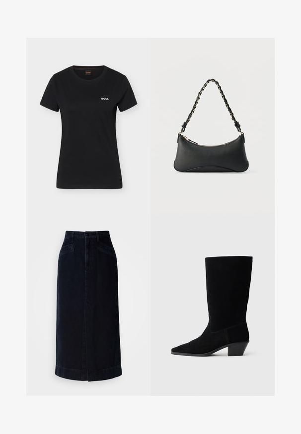 Schwarzes Damen-T-Shirt mit kurzen Ärmeln, rundem Ausschnitt und kleinem weißen "BOSS"-Logo auf der linken Brust.; Dunkelblaue Denim-Midikleid mit hoher Taille, vorderem Knopfverschluss und seitlichen Taschen; hat einen geraden Schnitt und dezente Saumdetails.; Schwarze Wildleder Stiefelette mit spitzer Zehe, mittelhohem Schaft und einem chunky Absatz. Verfügt über minimale Nähte und eine glatte Textur.; Schwarze Lederschultertasche mit gewölbter rechteckiger Form, goldener Kette, die in den geflochtenen schwarzen Riemen eingewebt ist, und Reißverschlussverschluss oben.