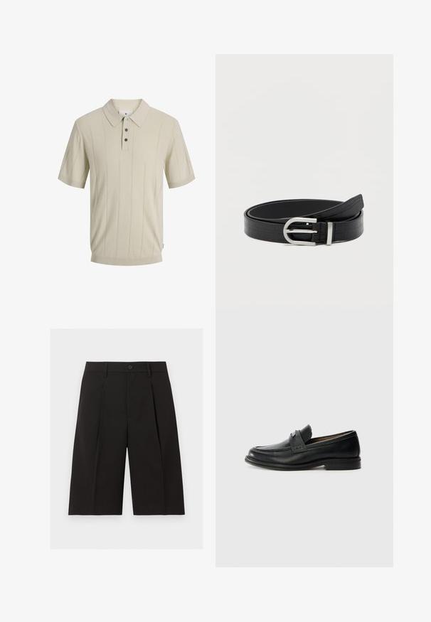 Polo beige à manches courtes avec de fines rayures verticales, trois boutons foncés et un col pointu.; Shorts noirs sur mesure mi-genoux avec fermeture à boutons, passants de ceinture et plis sur le devant, sur un fond blanc uni.; Mocassins en cuir noir avec une finition lisse, dotés d'une bande supérieure texturée, d'un talon bas et de détails de couture minimalistes.; Ceinture en faux cuir noir avec texture crocodile et boucle ronde en argent, enroulée sur un fond blanc uni.