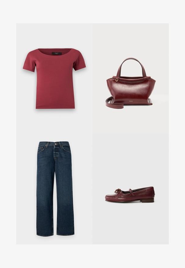Damenoberteil mit kurzen Ärmeln in dunklem rosenrot, weiter Rundhalsausschnitt und figurbetontem Schnitt, flach auf weißem Hintergrund liegend.; Dunkelblaue Jeans aus Denim mit geradem Schnitt, fünf Taschen und Metallbeschlägen. Verfügt über eine leichte Ausbleichung und einen sauberen Saum.; Bordeauxfarbene Lederloafers mit runder Zehenpartie, dekorativem Schleifendetail und subtilen Nähten, auf einem niedrigen, flachen Absatz.; Dunkelrote Lederhandtasche mit zwei oberen Griffen, abnehmbarem Schulterriemen, goldfarbenen Beschlägen und dem Markennamen Wandler vorne mittig.