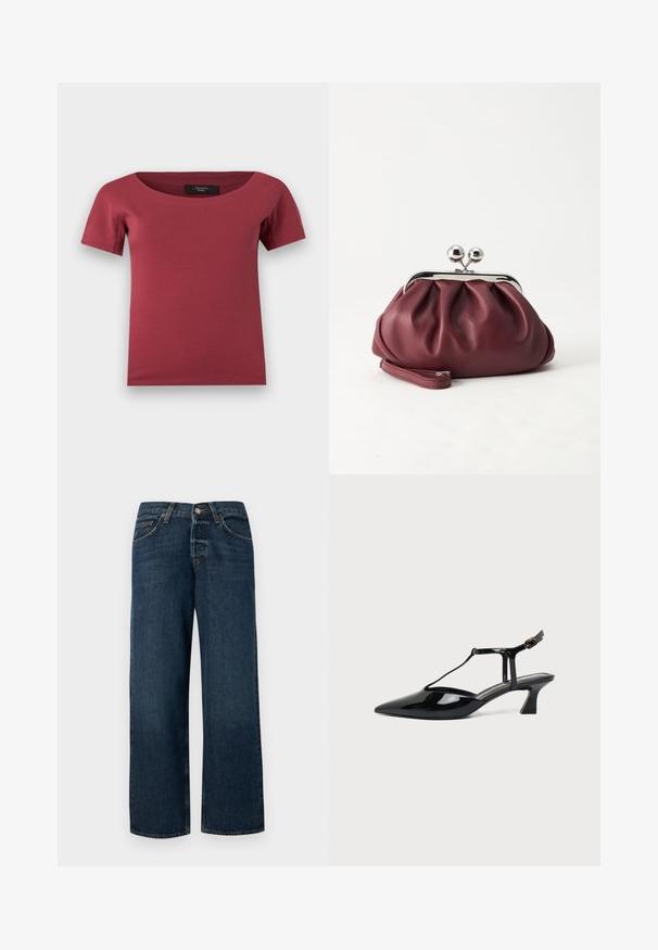 Donkerroze dames top met korte mouwen, brede ronde halslijn en nauwsluitende pasvorm, platliggend op een witte achtergrond.; Donkerblauwe denim jeans met een rechte snit, vijf zakken en metalen hardware. Heeft een lichte vervaging en een schone zoom.; Zwarte pumps van lakleer met spits toelopende neus, T-strap en lage schuine blokhak op witte achtergrond.; Kleine bordeauxrode leren clutch-portemonnee met zilverkleurige metalen sluiting en polsbandje op een witte achtergrond.