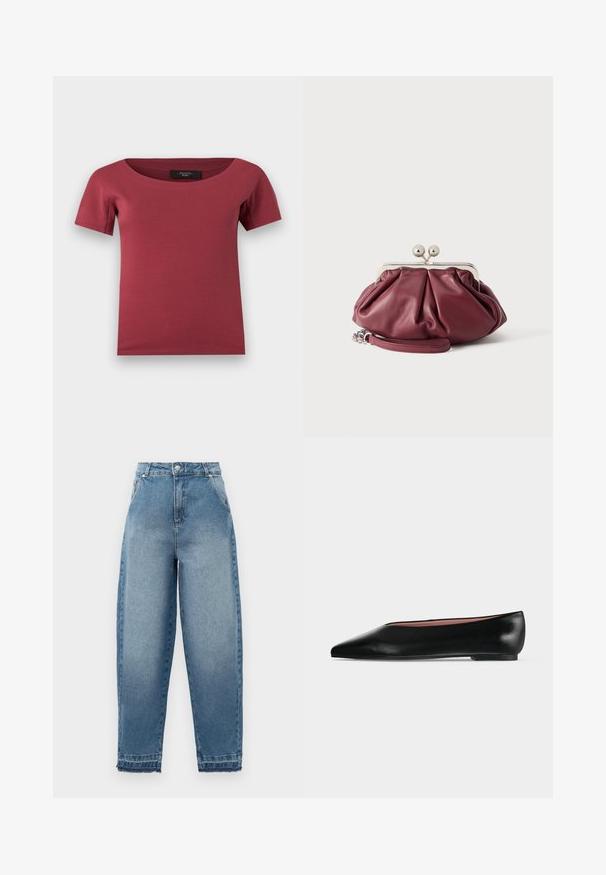 Top de mujer de manga corta, en color rosa oscuro con escote ancho y corte ajustado, colocado plano sobre un fondo blanco.; Jeans de mezclilla azul claro con cintura alta, corte suelto, diseño de cinco bolsillos y dobladillos deshilachados. Presenta costuras clásicas y cremallera en la bragueta.; Zapato plano negro de cuero para mujer con punta puntiaguda y tacón bajo, mostrado de lado sobre un fondo liso gris claro.; Pequeño bolso de mano de cuero burdeos con cierre metálico plateado y correa de muñeca sobre fondo blanco.