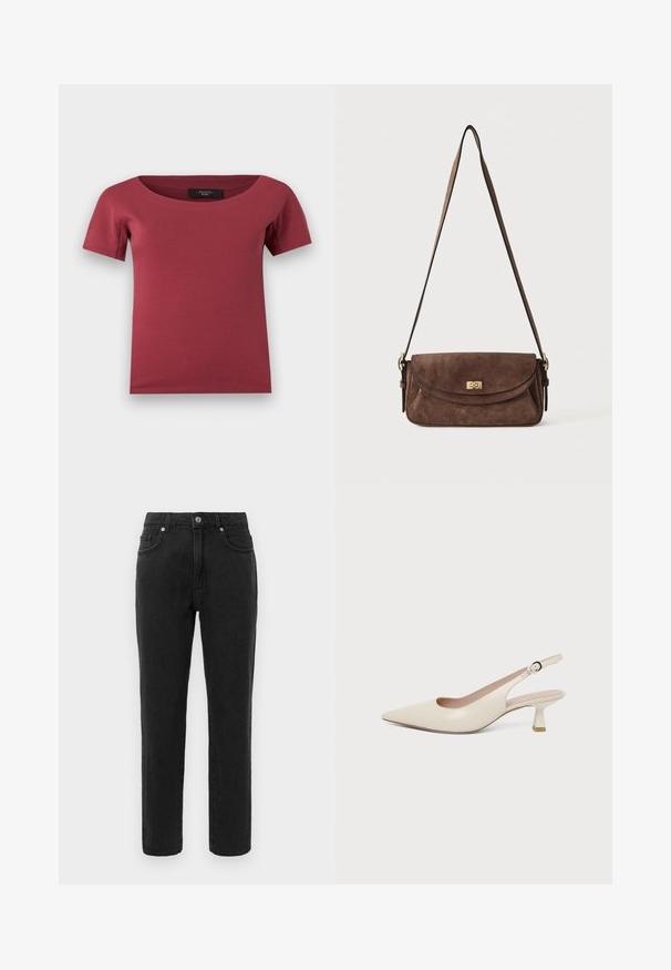 Haut pour femmes à manches courtes, de couleur rose foncé, avec un large décolleté en arrondi et une coupe ajustée, posé à plat sur un fond blanc.; Jean en denim noir avec une coupe droite, style à cinq poches standard et une fermeture à boutons. Présente des détails de couture subtils.; Chaussure slingback couleur crème à bout pointu avec un petit talon bas incurvé et une bride réglable à boucle.; Sac bandoulière en daim marron avec une longue sangle réglable et une fermeture à tour dorée sur le rabat avant.