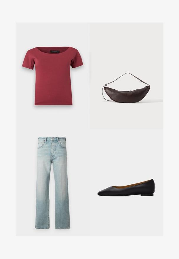 Damenoberteil mit kurzen Ärmeln in dunklem rosenrot, weiter Rundhalsausschnitt und figurbetontem Schnitt, flach auf weißem Hintergrund liegend.; Hellblaue Denimjeans mit geradem Bein, hoher Taille, Eingrifftaschen und ausgewaschenem Look. Mit einem dezent gesteppten Bund fertiggestellt.; Schwarzer flacher Schuh aus Leder mit spitz zulaufender Vorderkappe, niedrigem Absatz und glatter Oberfläche, von der Seite vor einem hellgrauen Hintergrund dargestellt.; Dunkelbraune Leder-Schultertasche in Halbmondform mit gebogenem Riemen und sichtbarer Naht auf schlichtem Hintergrund.